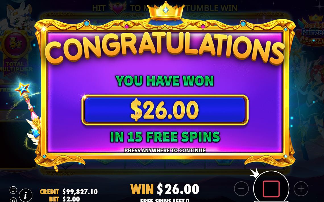 Win screen from a second tumble sequence on the grid