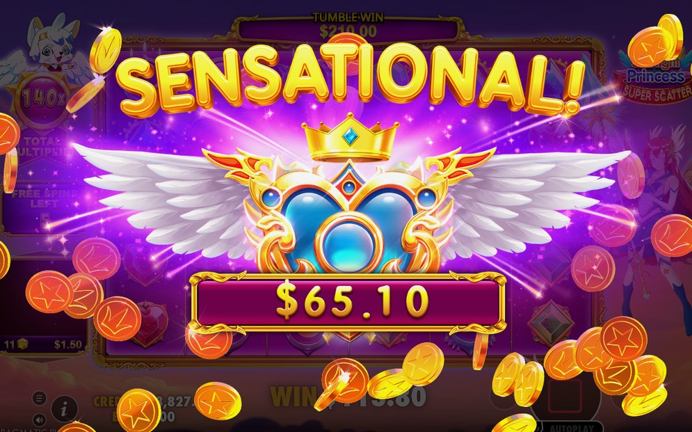 Win screen after a tumble sequence on the 8x8 grid