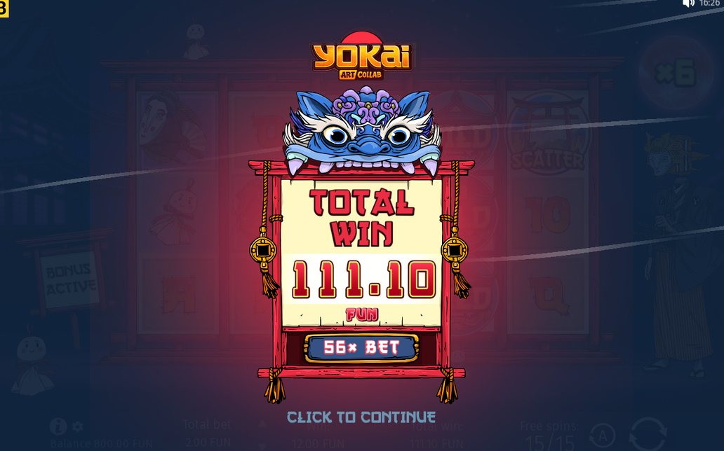 Win screen after a line pays on the 20 paylines
